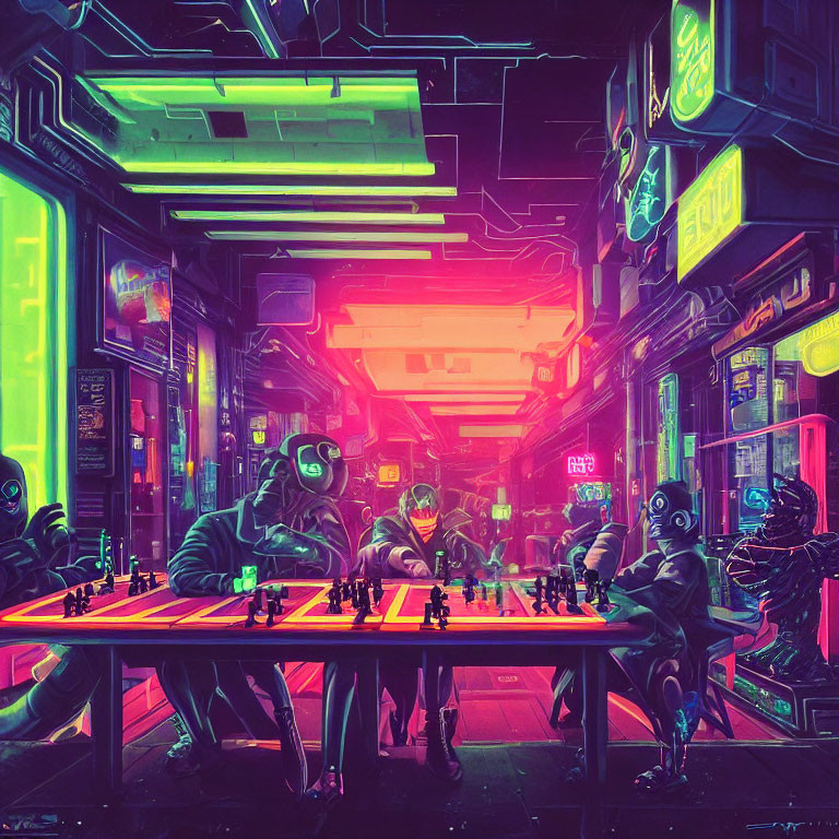 Futuristic cyberpunk scene with three characters playing chess amid neon lights