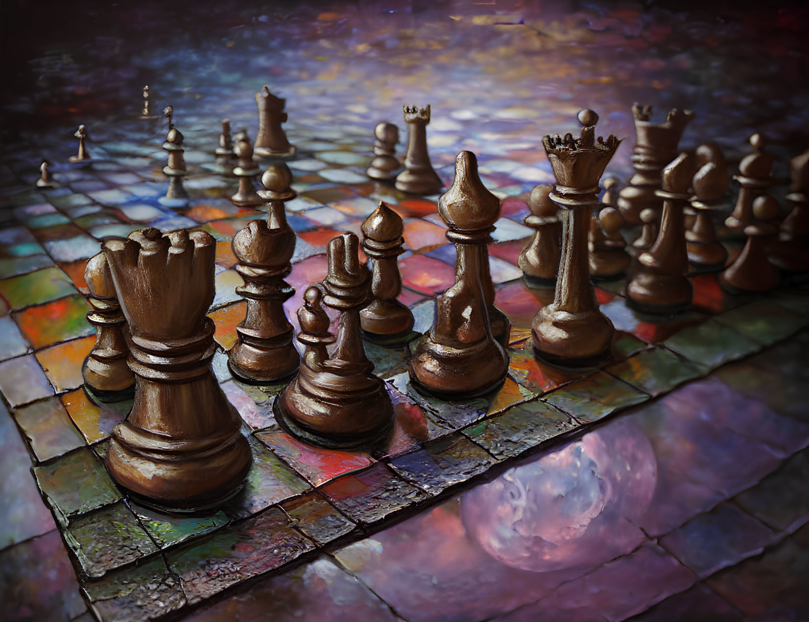 Colorful digital painting of chess set on celestial checkerboard