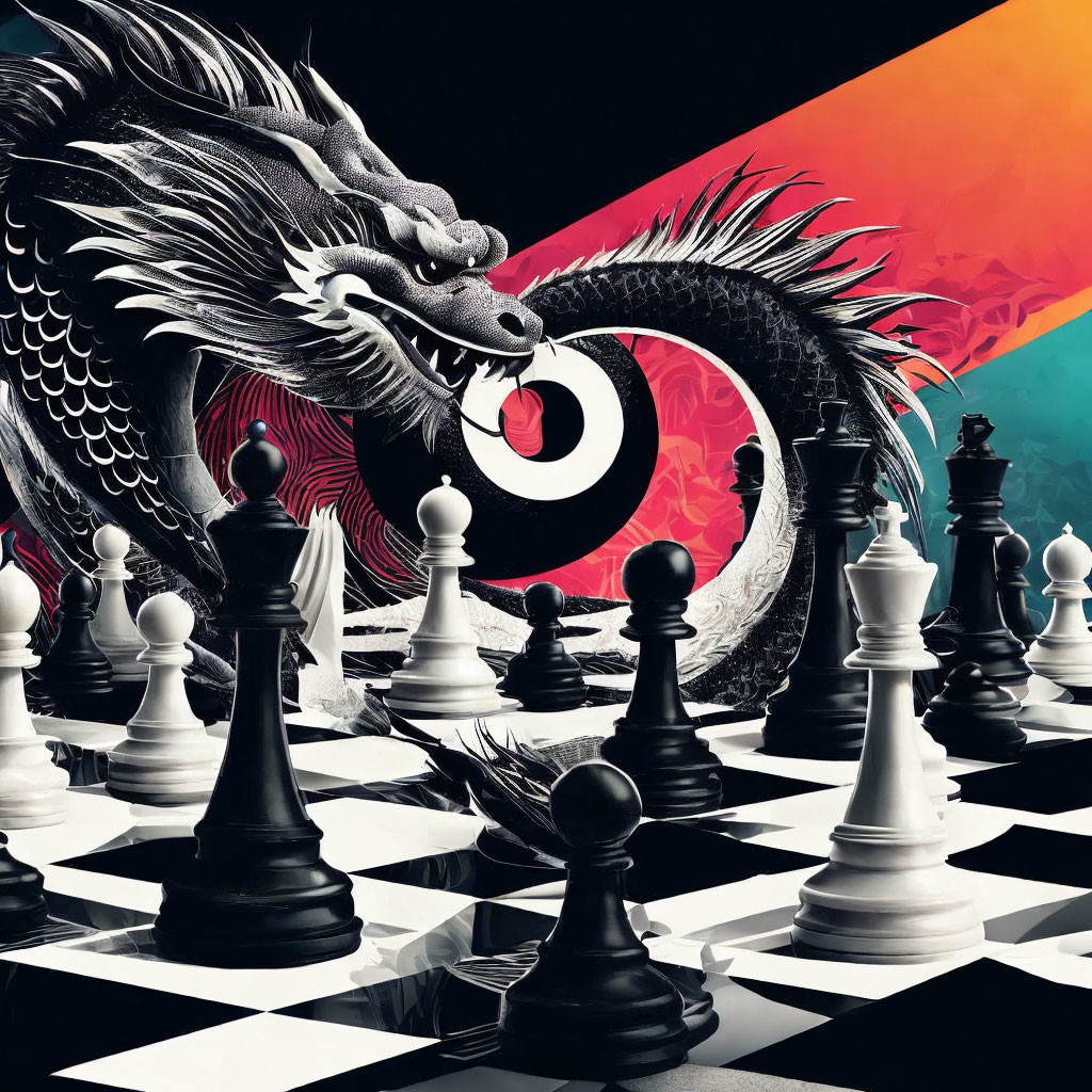 Monochrome chessboard with black dragon and colorful gradient