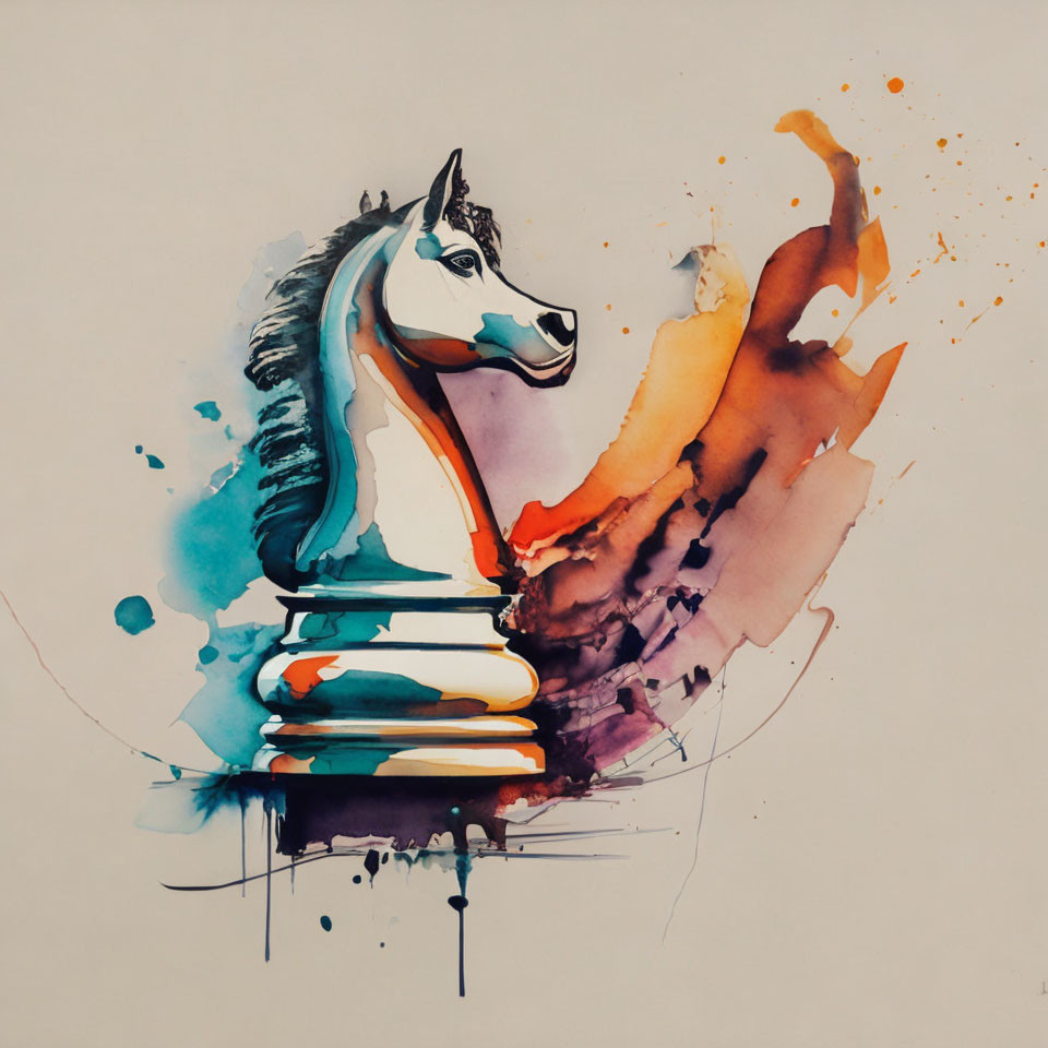 Vibrant watercolor painting: horse among books, abstract realism.