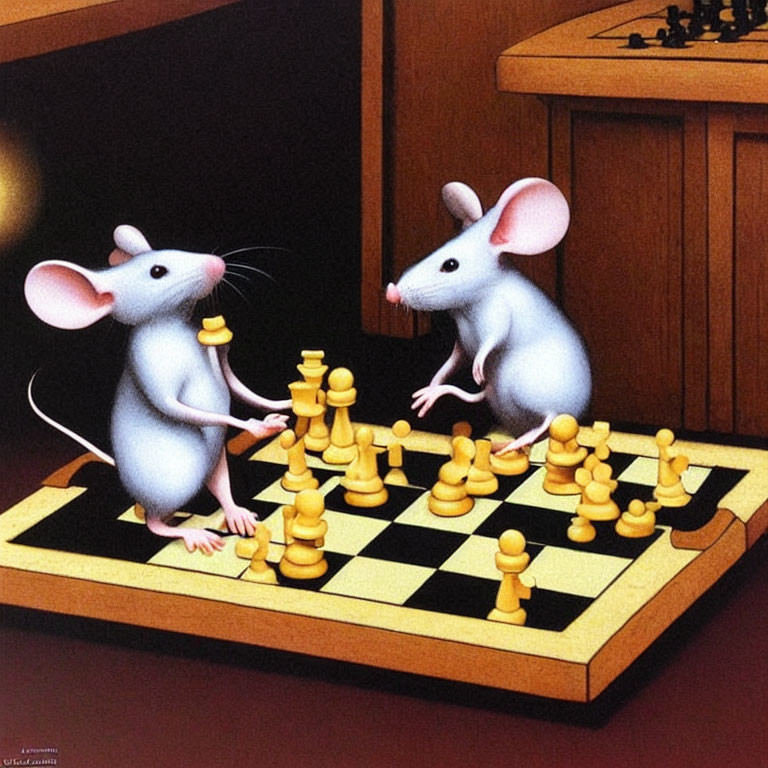 Cartoon mice on chessboard with strategic pause and multitasking theme.