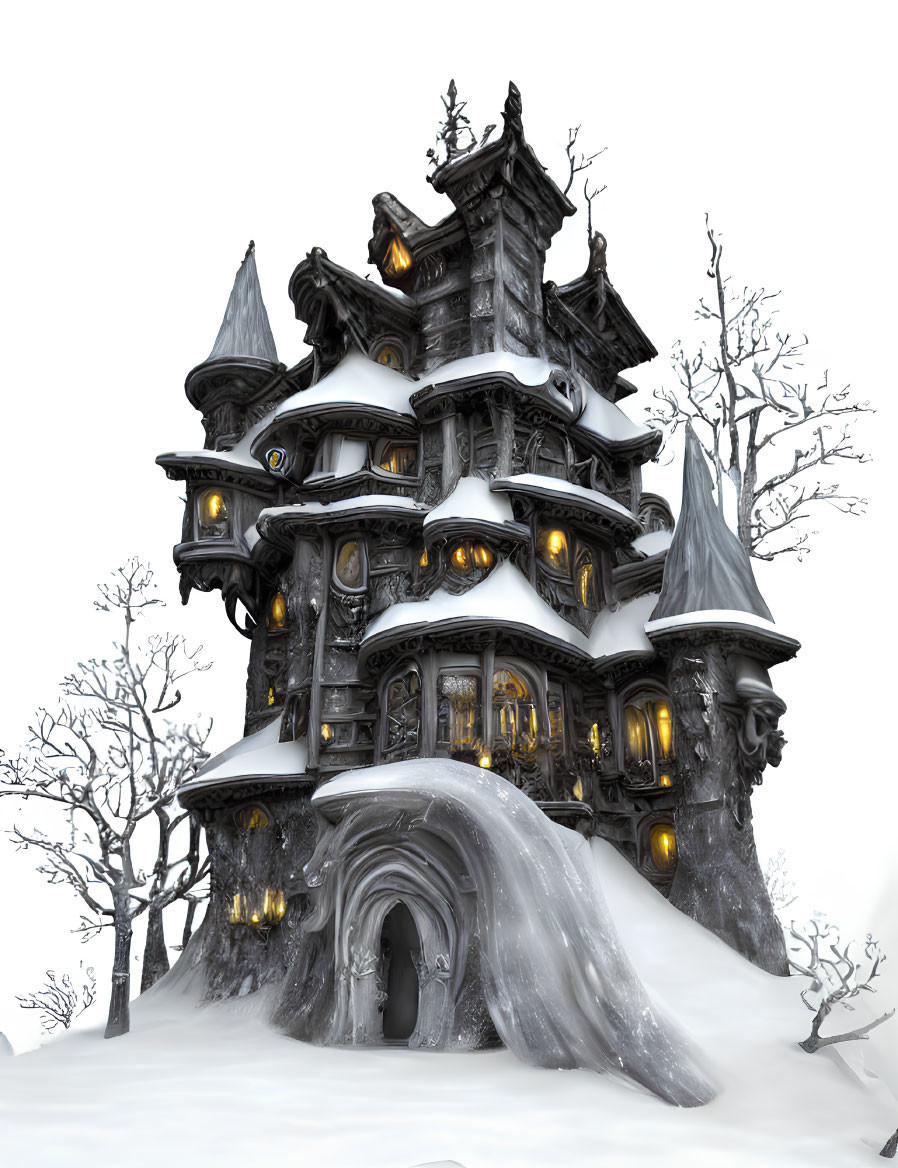 Eerie multi-tiered fantasy house with twisted architecture in foggy setting