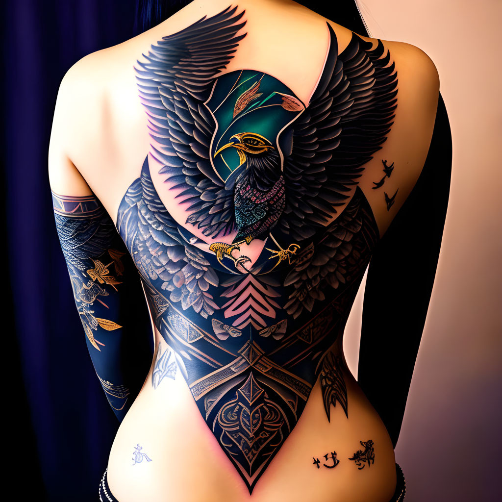 Intricate full-back tattoo of majestic eagle and geometric patterns