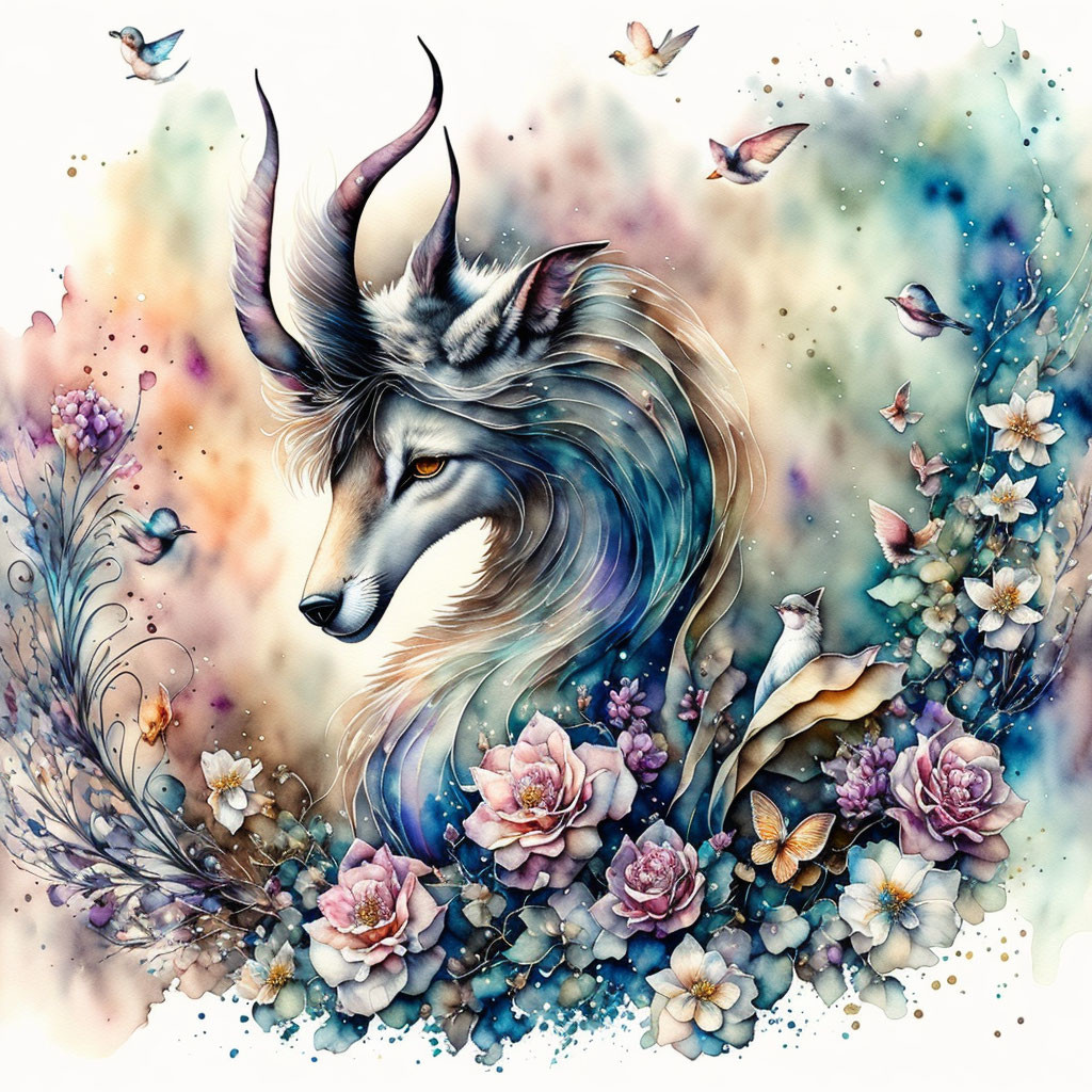 Illustration of mystical creature with antlers in floral and bird scene