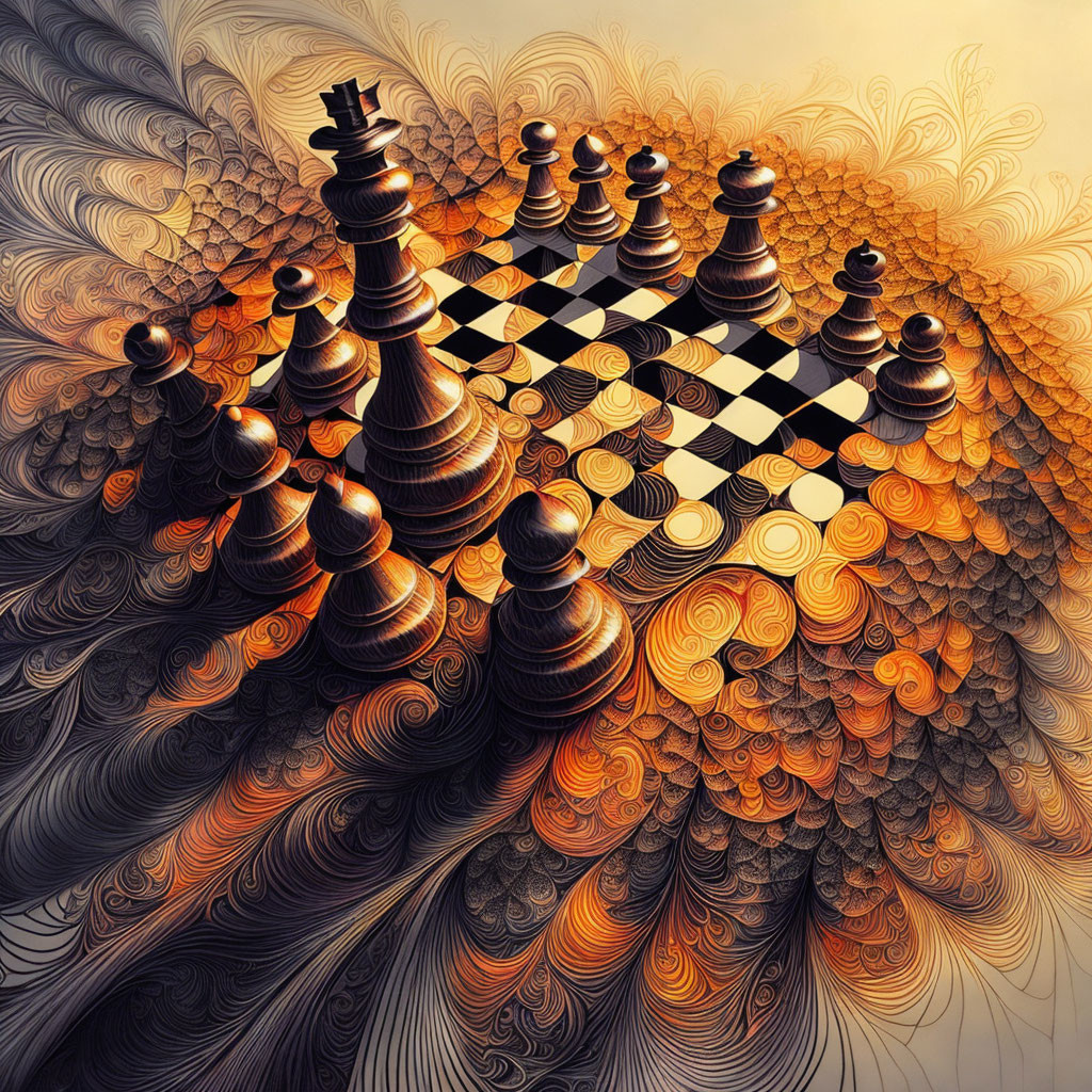 Surreal chessboard with melting pieces on warm backdrop