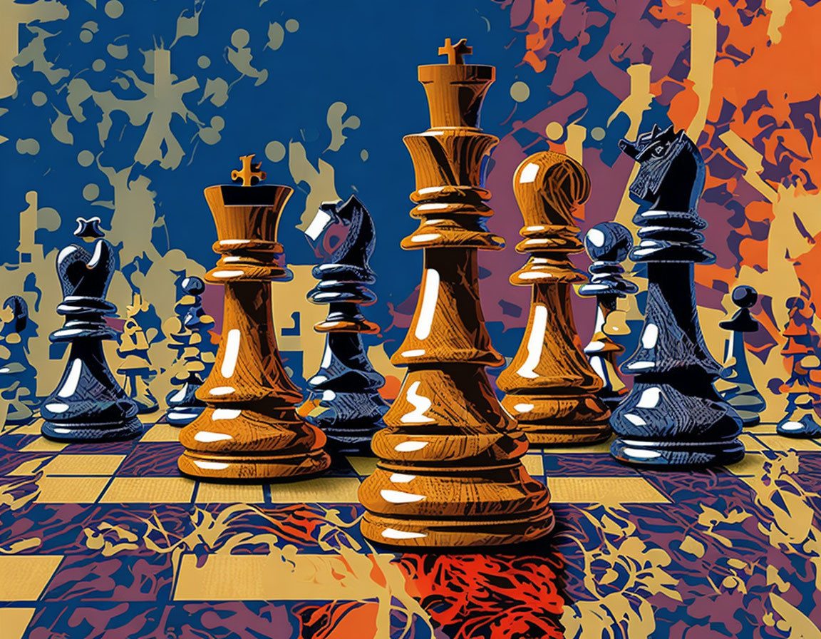 Colorful Chess Pieces Artwork with Abstract Background