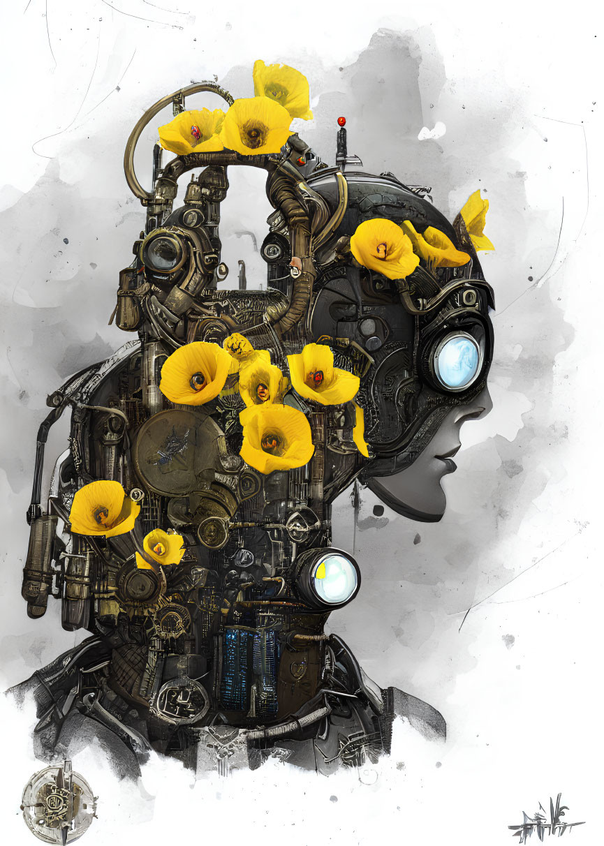 Humanoid robotic head profile with yellow flowers and mechanical details on abstract background.