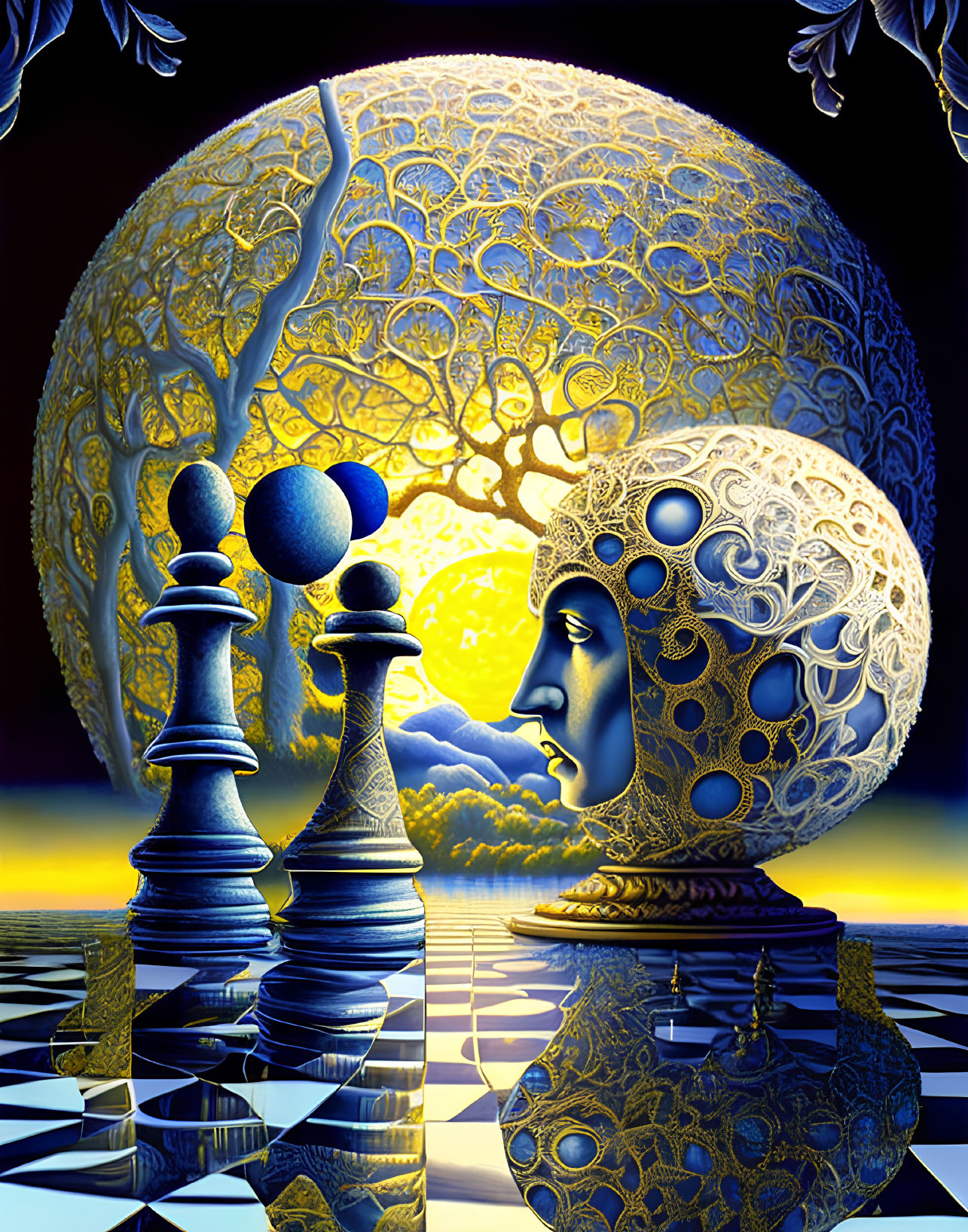 Surreal chess piece illustration with moon background and intricate patterns