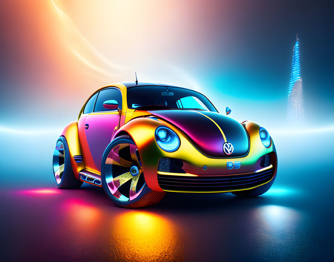 Custom painted Volkswagen Beetle car under neon lights with skyscraper silhouette