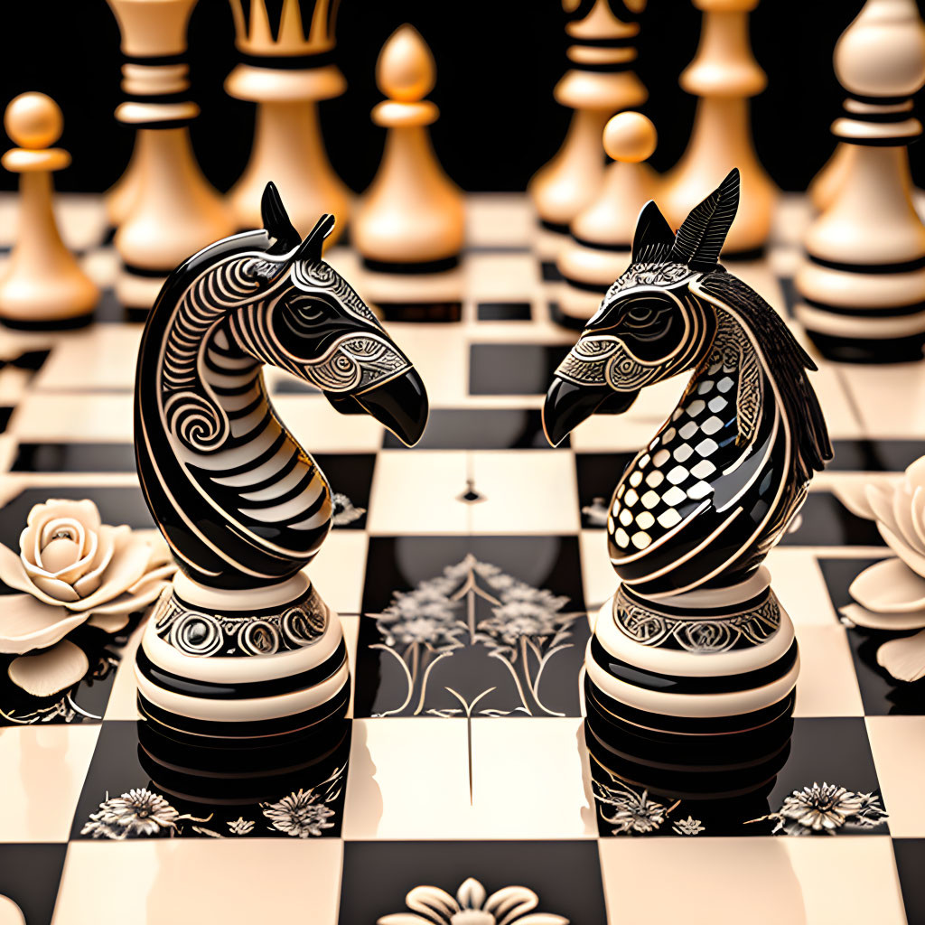 Detailed Ornate Chess Set with Two Knights on Reflective Checkered Board