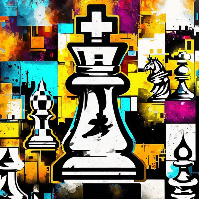 Colorful Abstract Digital Art: Stylized Black King Chess Piece in Vibrant Setting