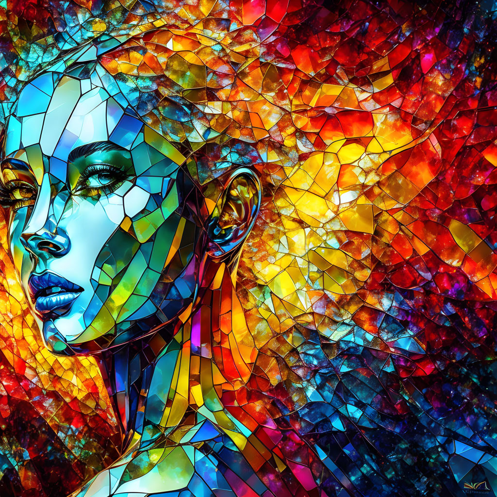 Colorful Mosaic-Style Digital Art: Woman's Face with Abstract Geometric Patterns