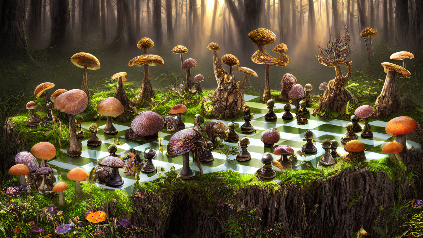 Fantastical forest chessboard scene with oversized mushrooms and ethereal light.