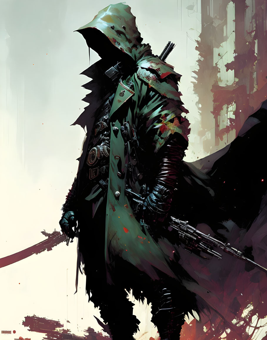 Dystopian warrior in tattered cloak and armor with sword in post-apocalyptic setting