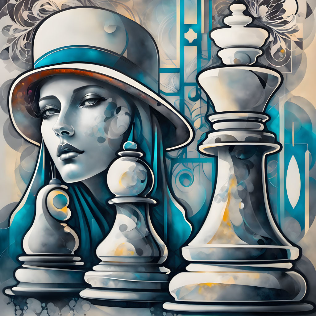 Stylized woman with hat and chess pieces in blue, white, and gold.