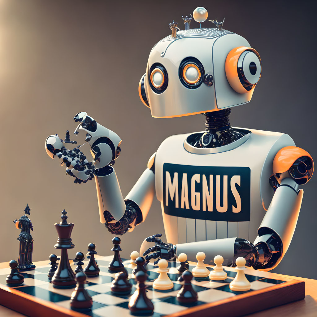 Robot named MAGNUS playing chess with black knight piece