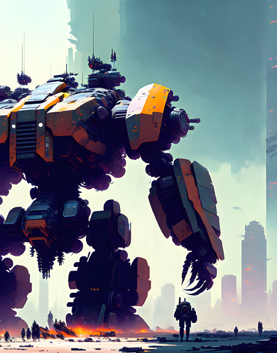 Giant yellow and grey mech in futuristic cityscape