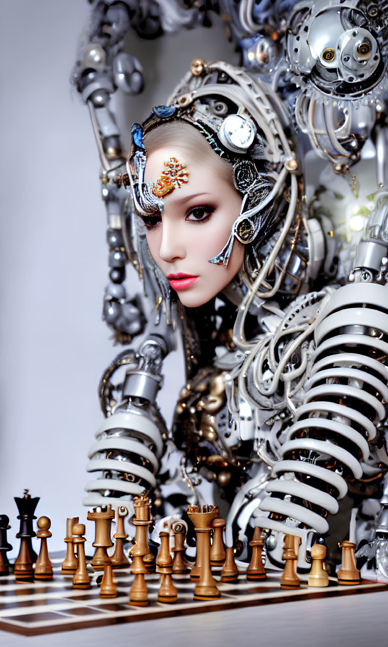 Futuristic humanoid robot playing chess with silver and black components