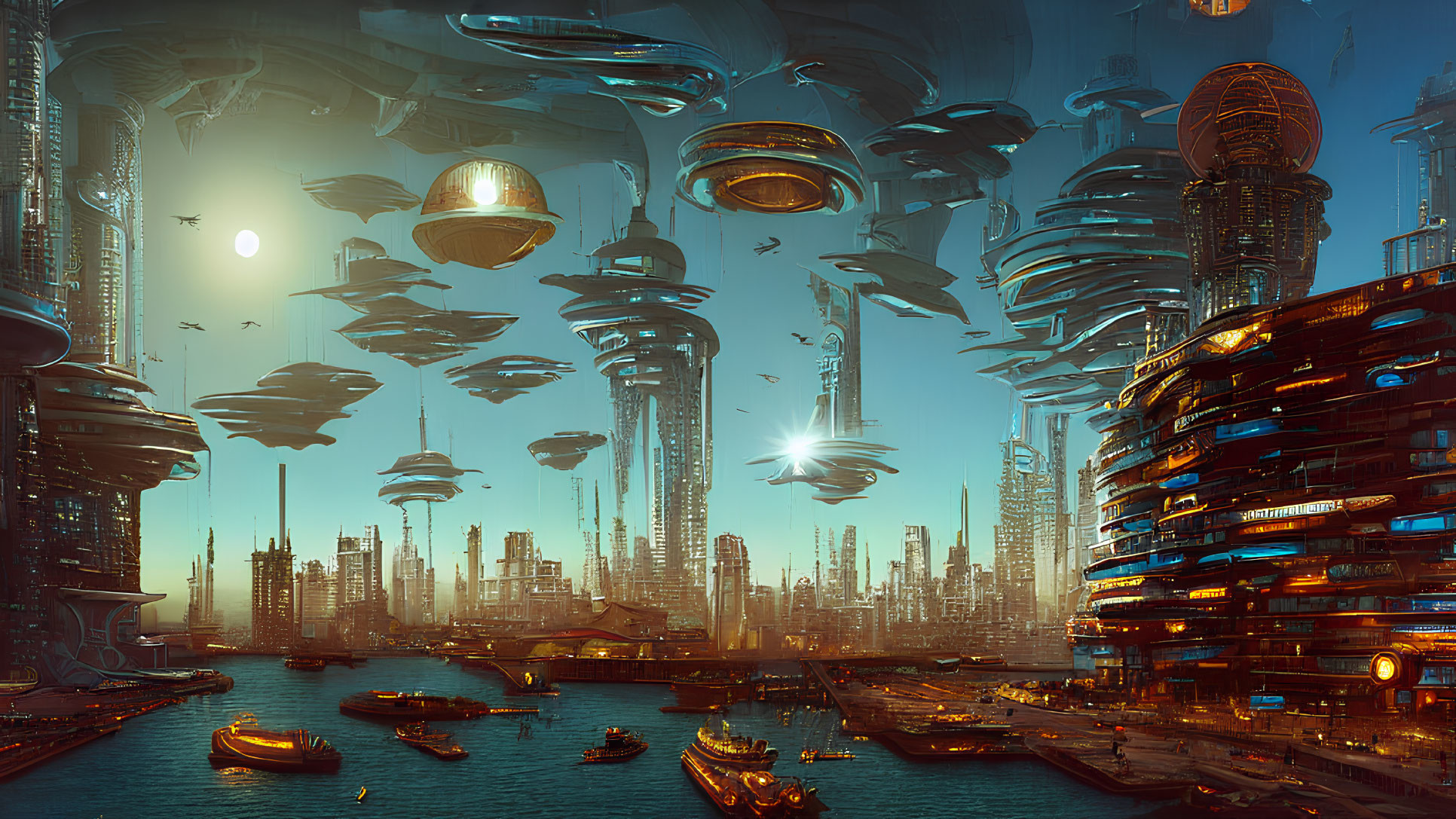 Futuristic cityscape with skyscrapers and flying vehicles at dusk