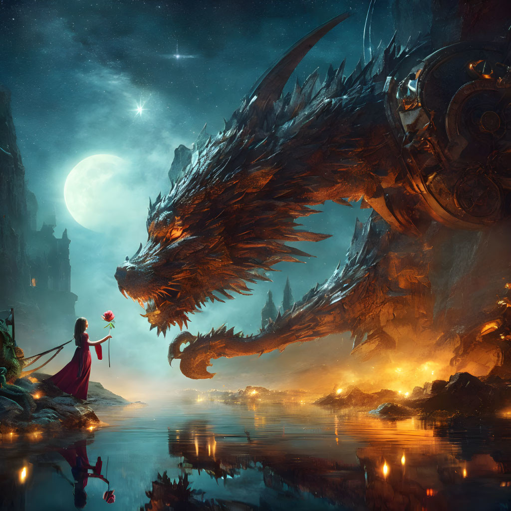 Person in Red Cloak with Rose Faces Mechanical Dragon in Surreal Landscape