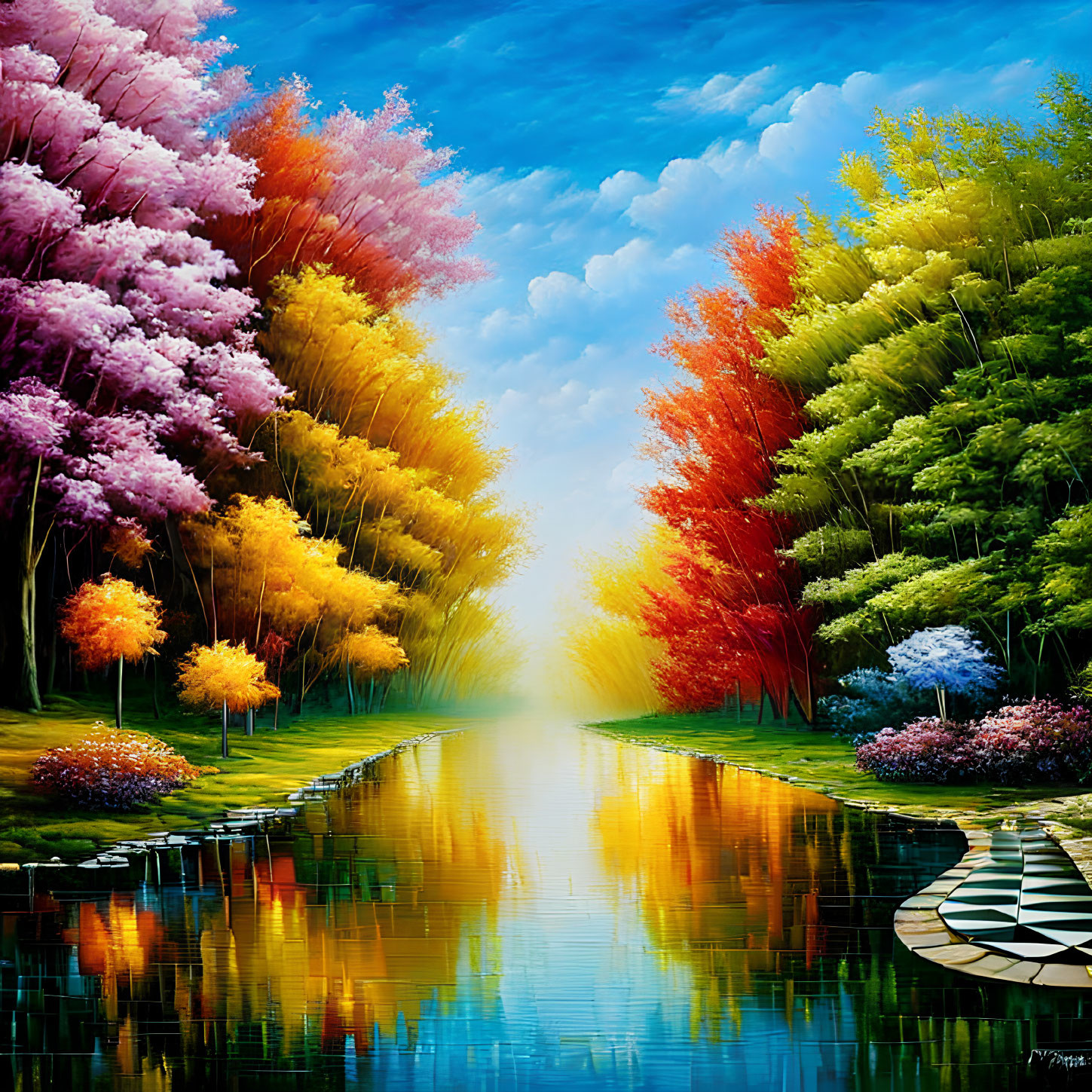 Colorful Autumn River Landscape with Trees and Sky