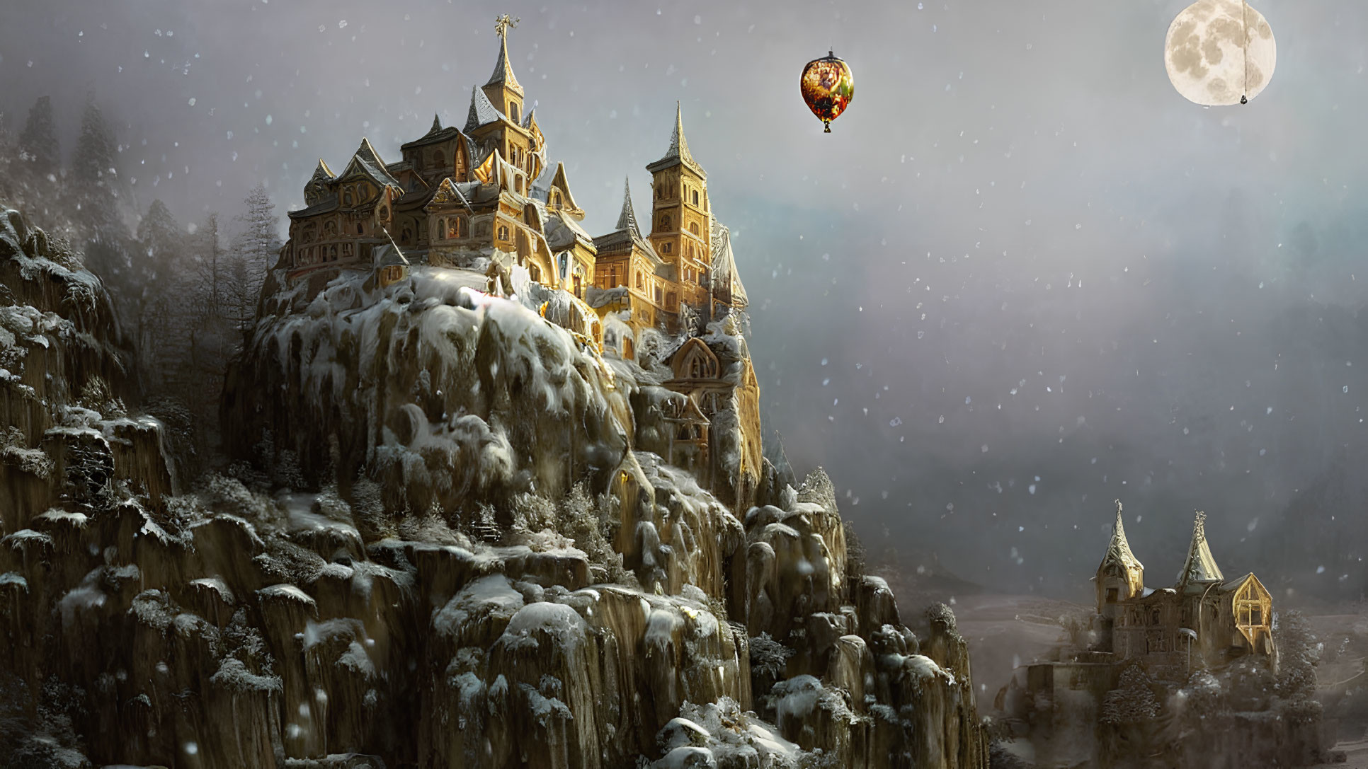 Snow-covered castle on icy cliffs with hot air balloon under full moon