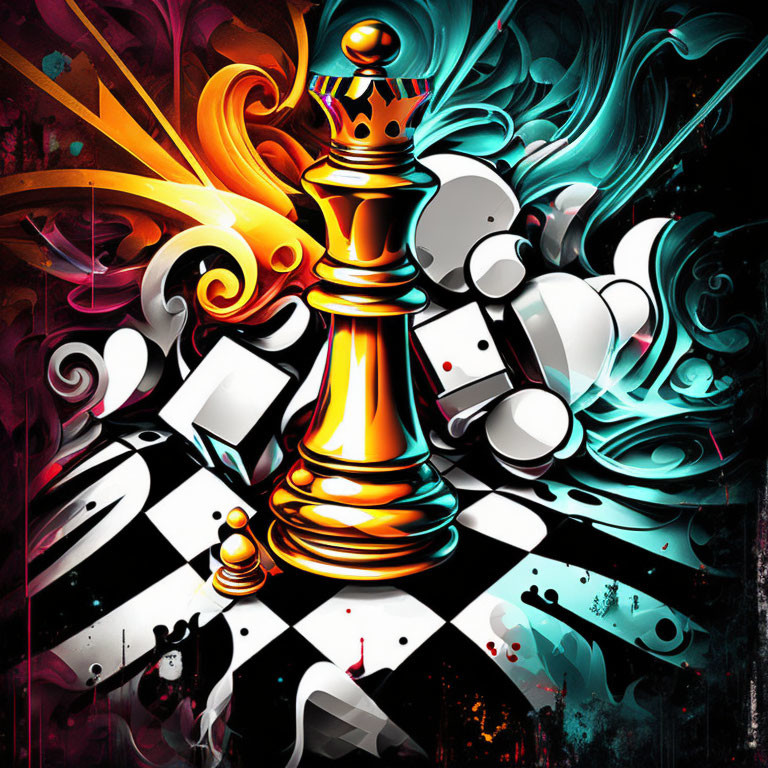 Colorful Abstract Digital Artwork with Chess Queen on Checkerboard