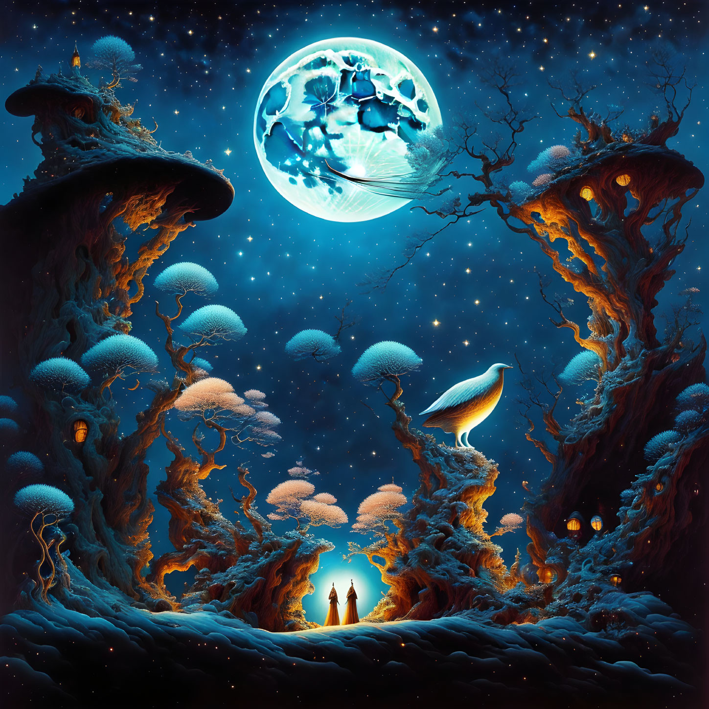 Surreal landscape with figures under massive moon, giant mushrooms, whimsical trees