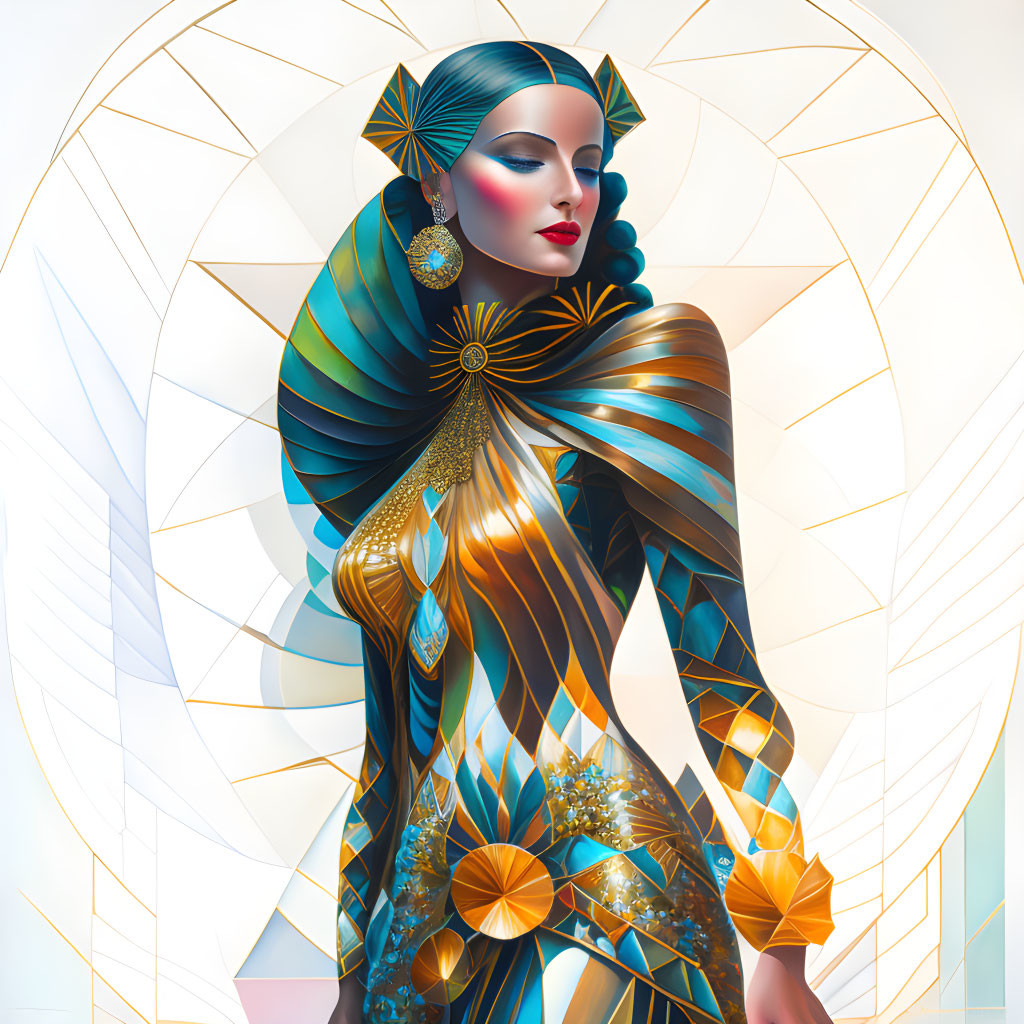 Stylized woman illustration with gold, blue, and white palette