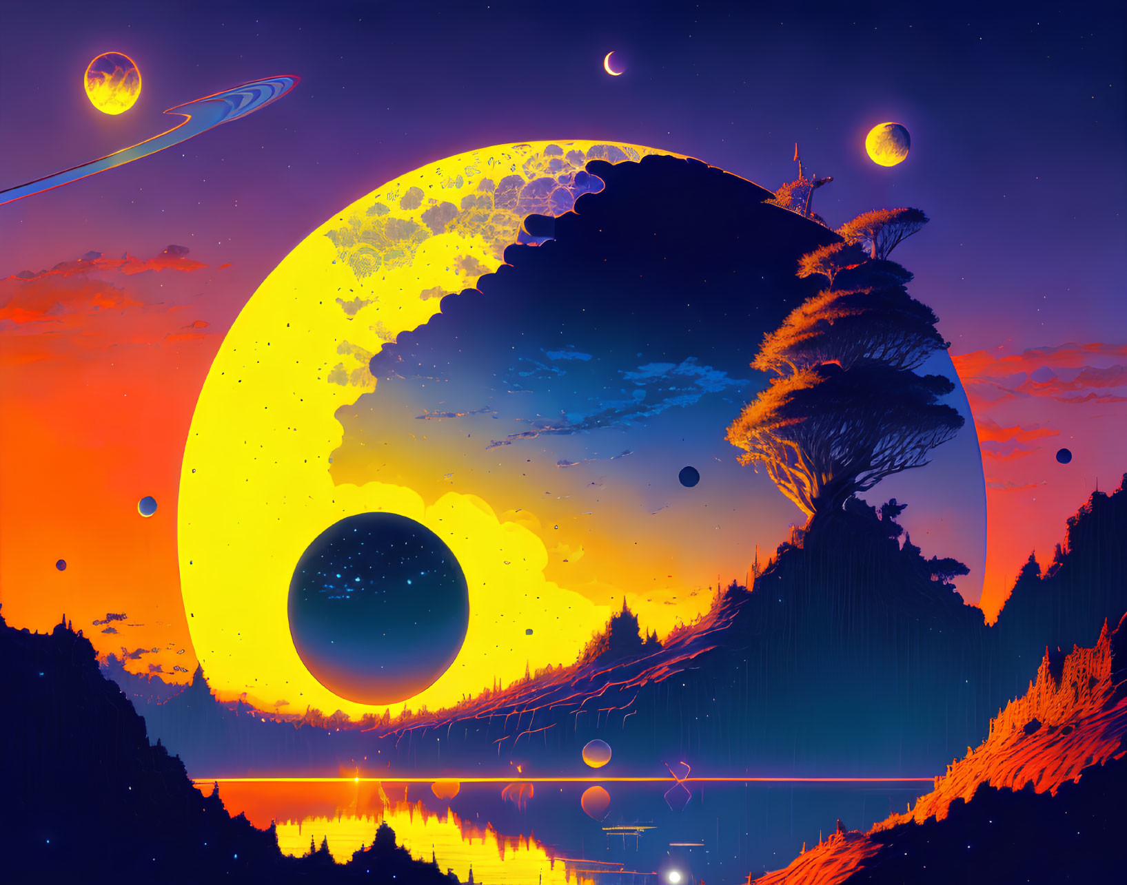 Surreal landscape with multiple moons and floating islands