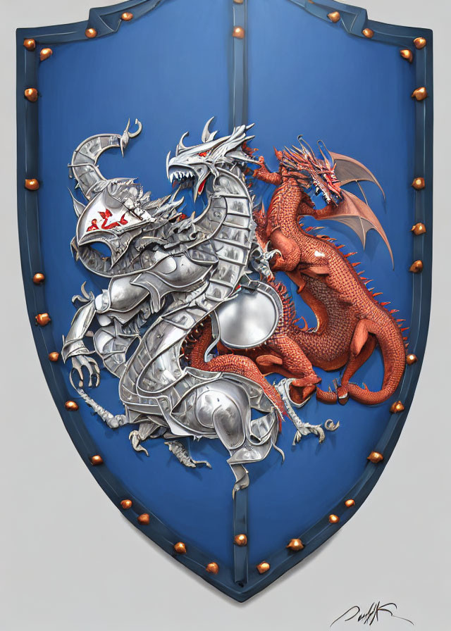 Silver and Red Dragon Battle on Blue Shield Background