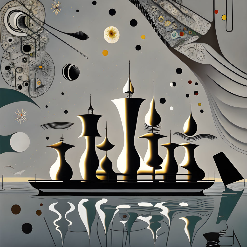 Monochromatic surreal artwork: stylized ships with towering sails in cosmic setting.