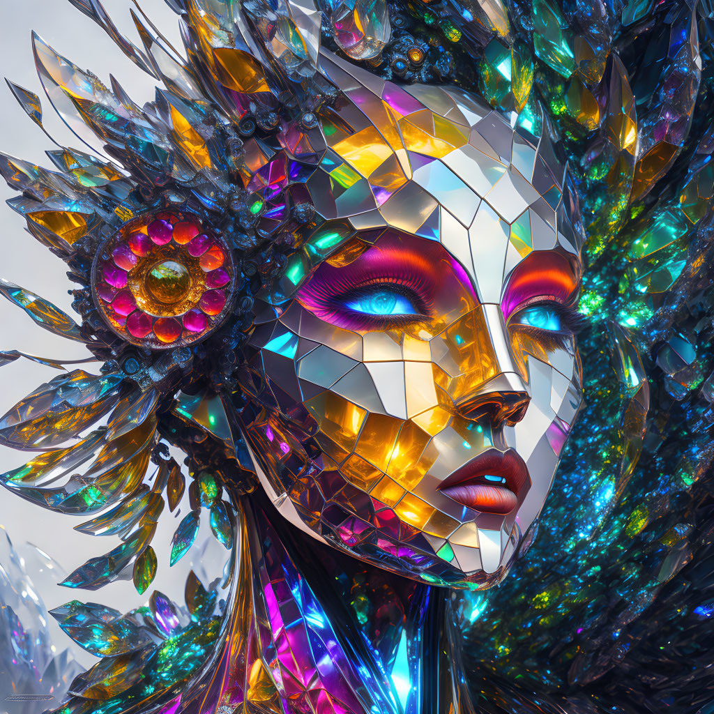 Colorful digital artwork featuring female face with jewel-like surface and crystal headdress.