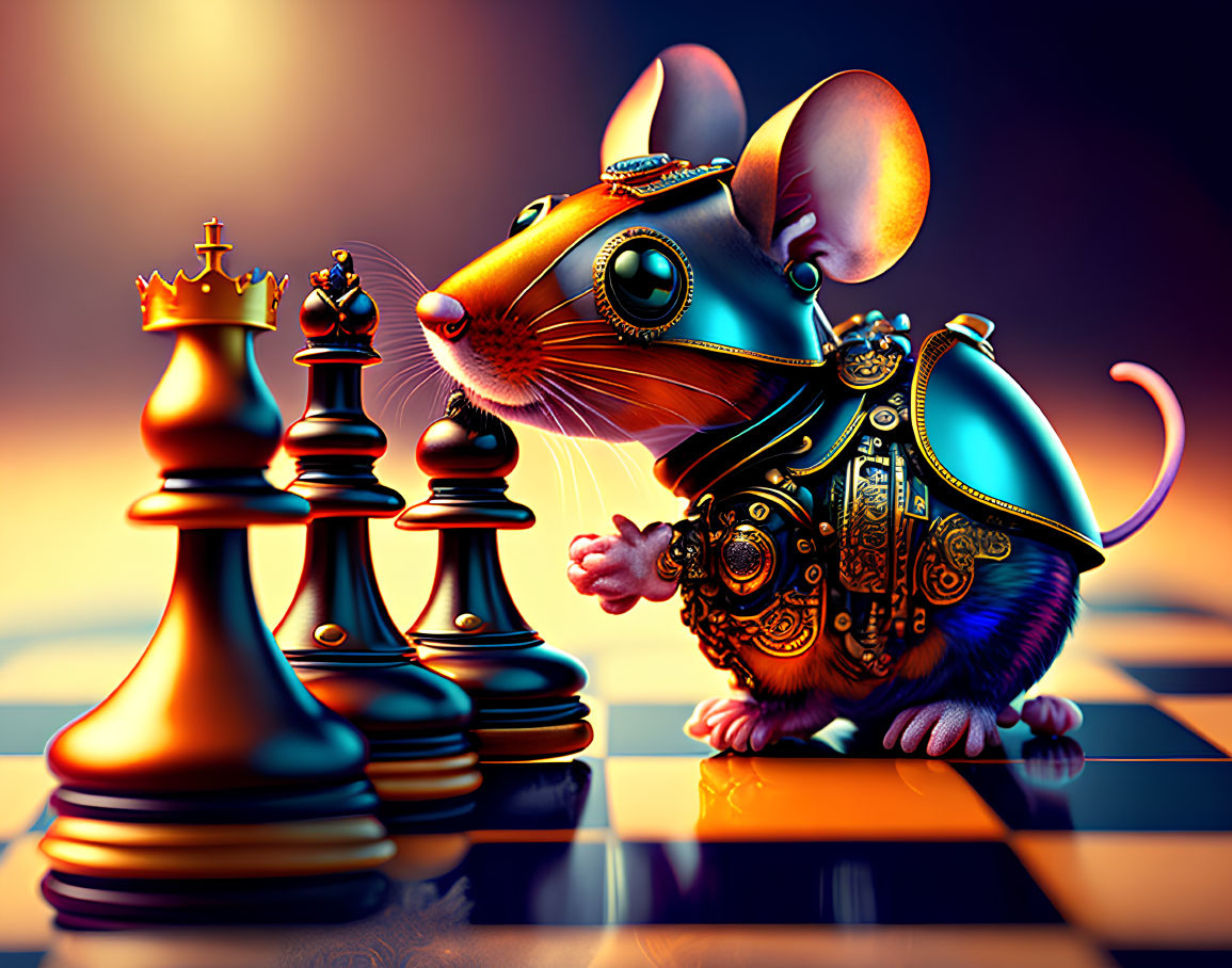 Steampunk mouse with chess set on reflective surface in front of orange backdrop