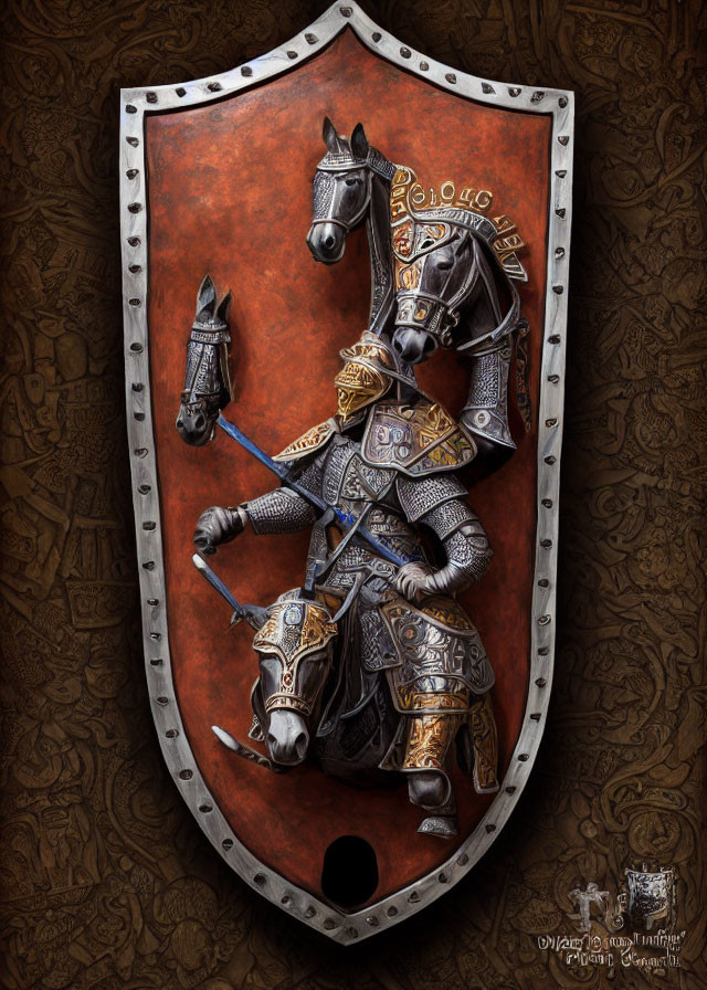 Medieval knight on horseback 3D relief plaque with ornate details