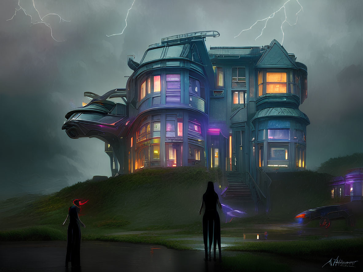 Futuristic mansion with purple lights, stormy sky, figures, and sleek cars