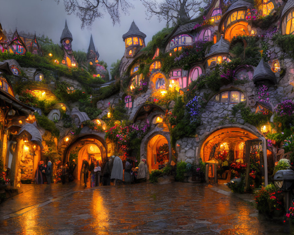 Picturesque village with cobblestone paths and whimsical stone houses at twilight