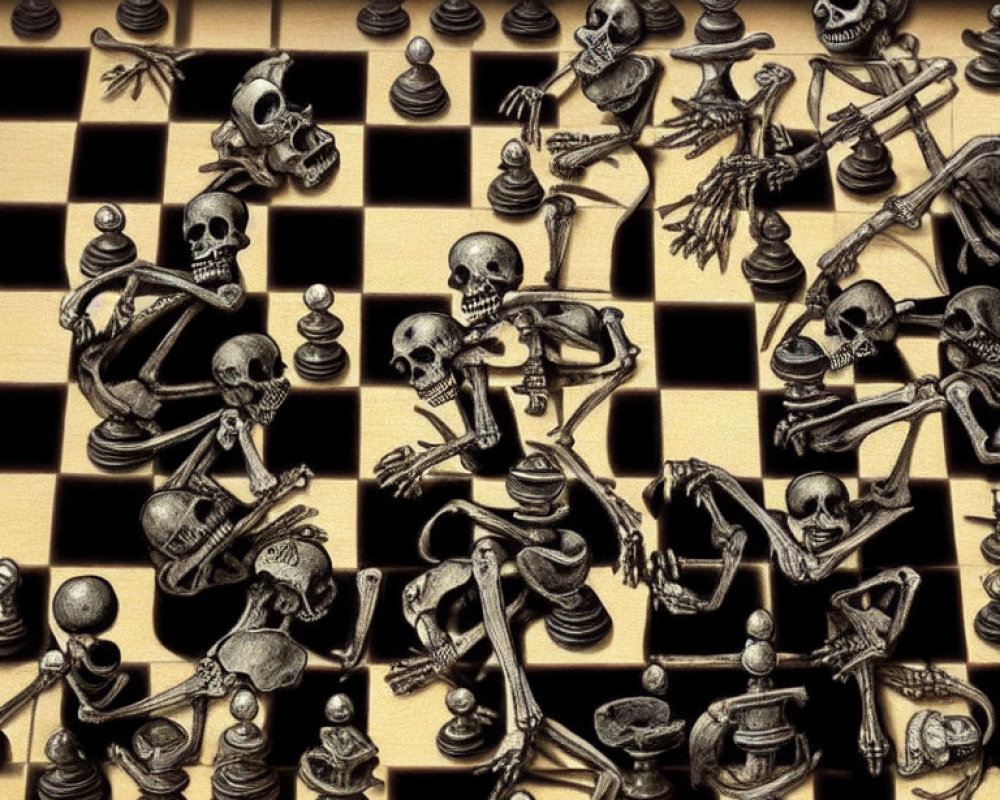 Detailed Skeleton Chess Game Depiction with Dynamic Poses