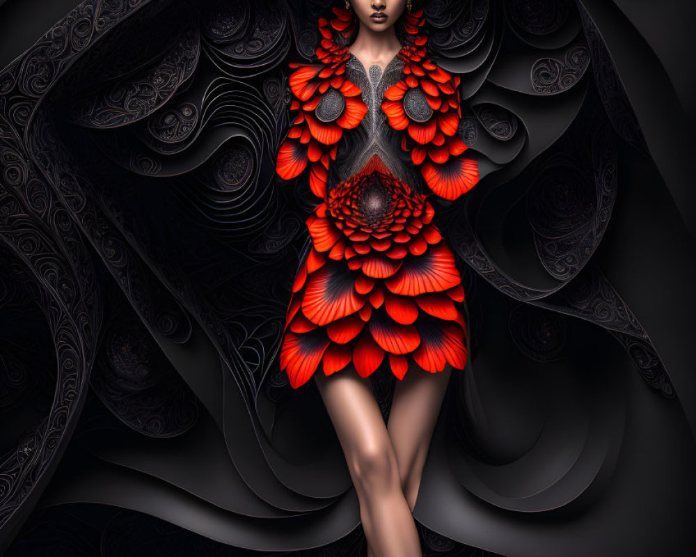 Woman in Red and Black Outfit Against Intricate Decorative Background