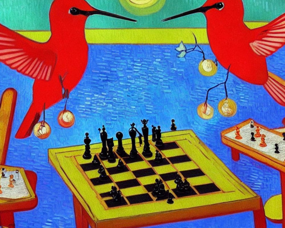 Two red hummingbirds and chessboard under yellow sun and blue sky