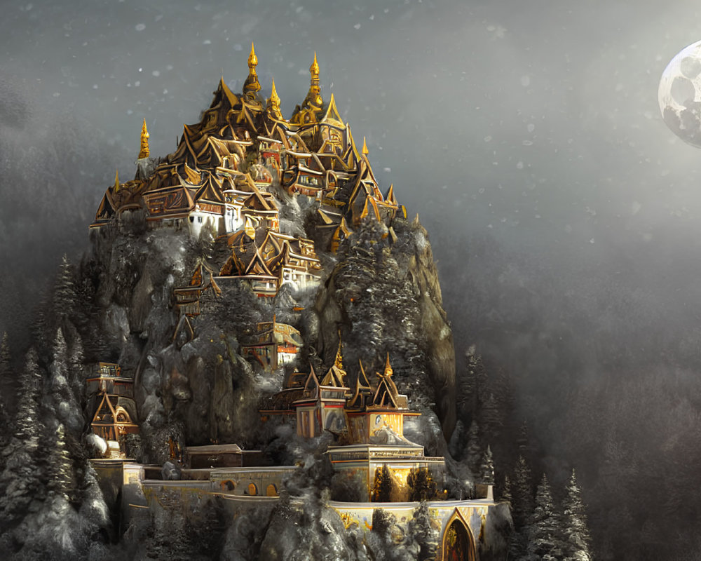 Golden-roofed palace on rugged mountain in moonlit snowy landscape