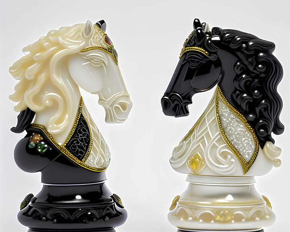 Ornate black and white chess knight pieces with golden embellishments