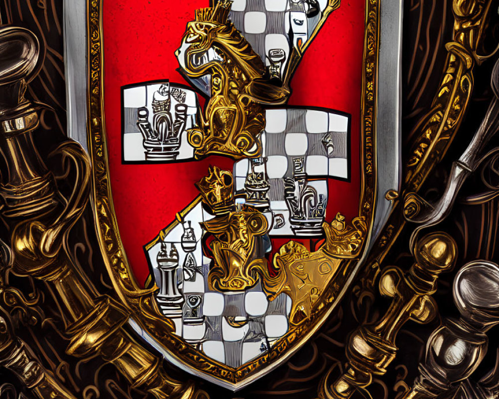 Chess-themed ornate shield with red background and golden scrollwork