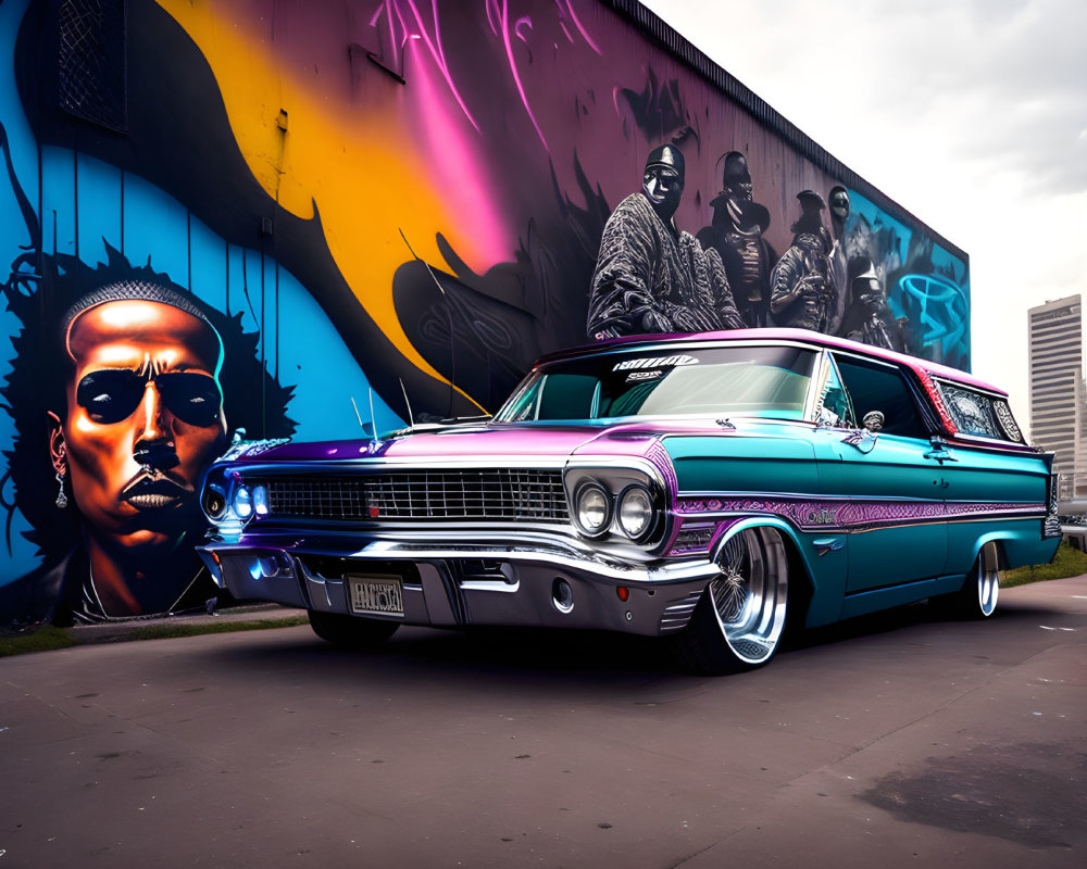 Custom Paint Lowrider Car Against Vibrant Graffiti Wall