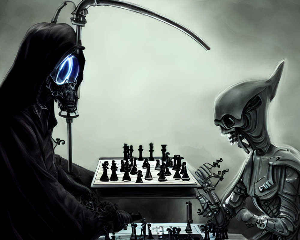 Grim Reaper with Glowing Blue Eye Playing Chess with Alien in Dark, Misty Scene