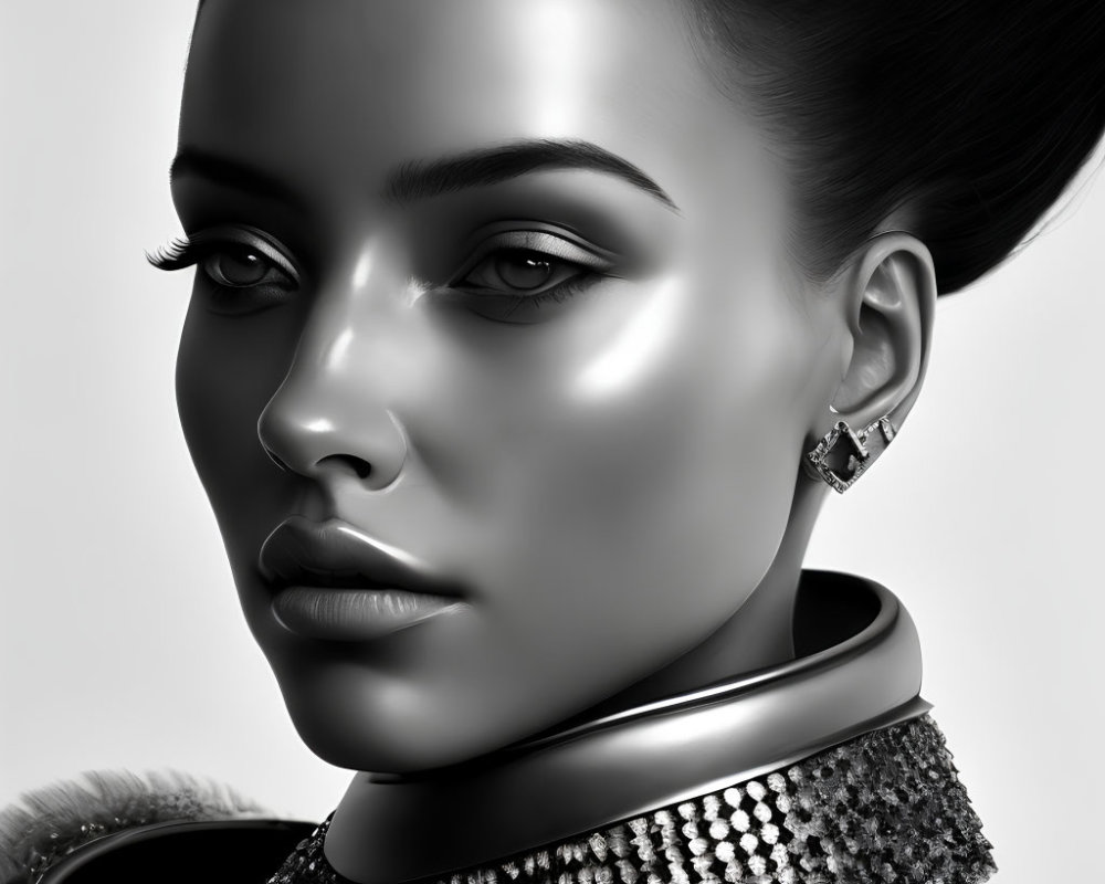 Monochrome image of a woman with slicked-back hair, bold makeup, metallic choker, and