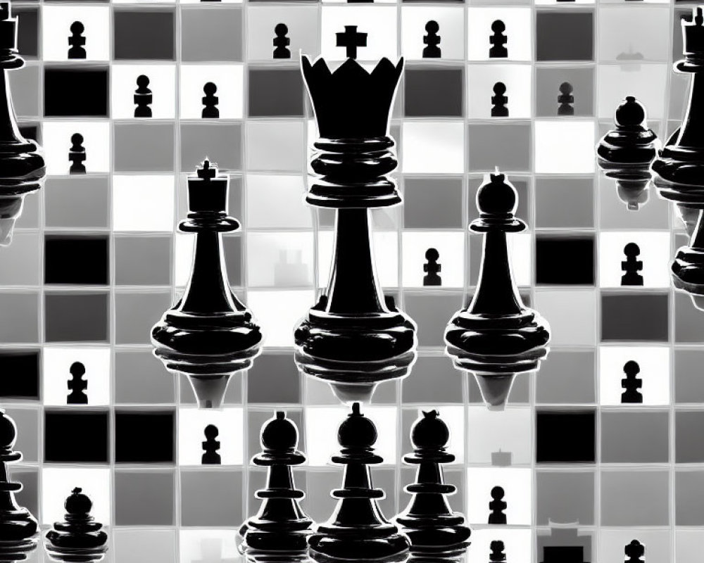 Monochrome chessboard featuring black queen, pawns, bishops, and king.