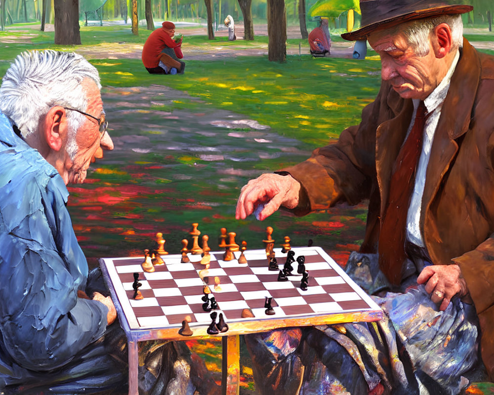 Elderly men playing chess in park on sunny day