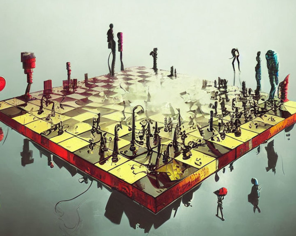 Floating chessboard with human-like figures and colorful symbols in reflective setting