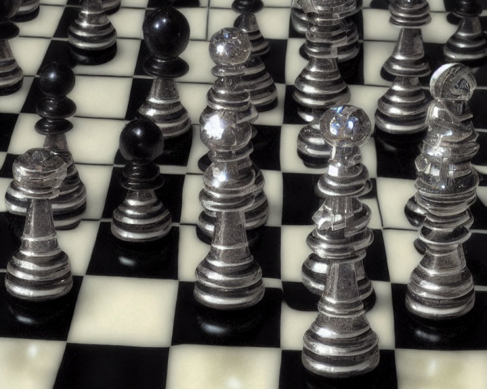 Close-up of metallic chess pieces on glossy chessboard showcasing shiny surfaces and checkered pattern